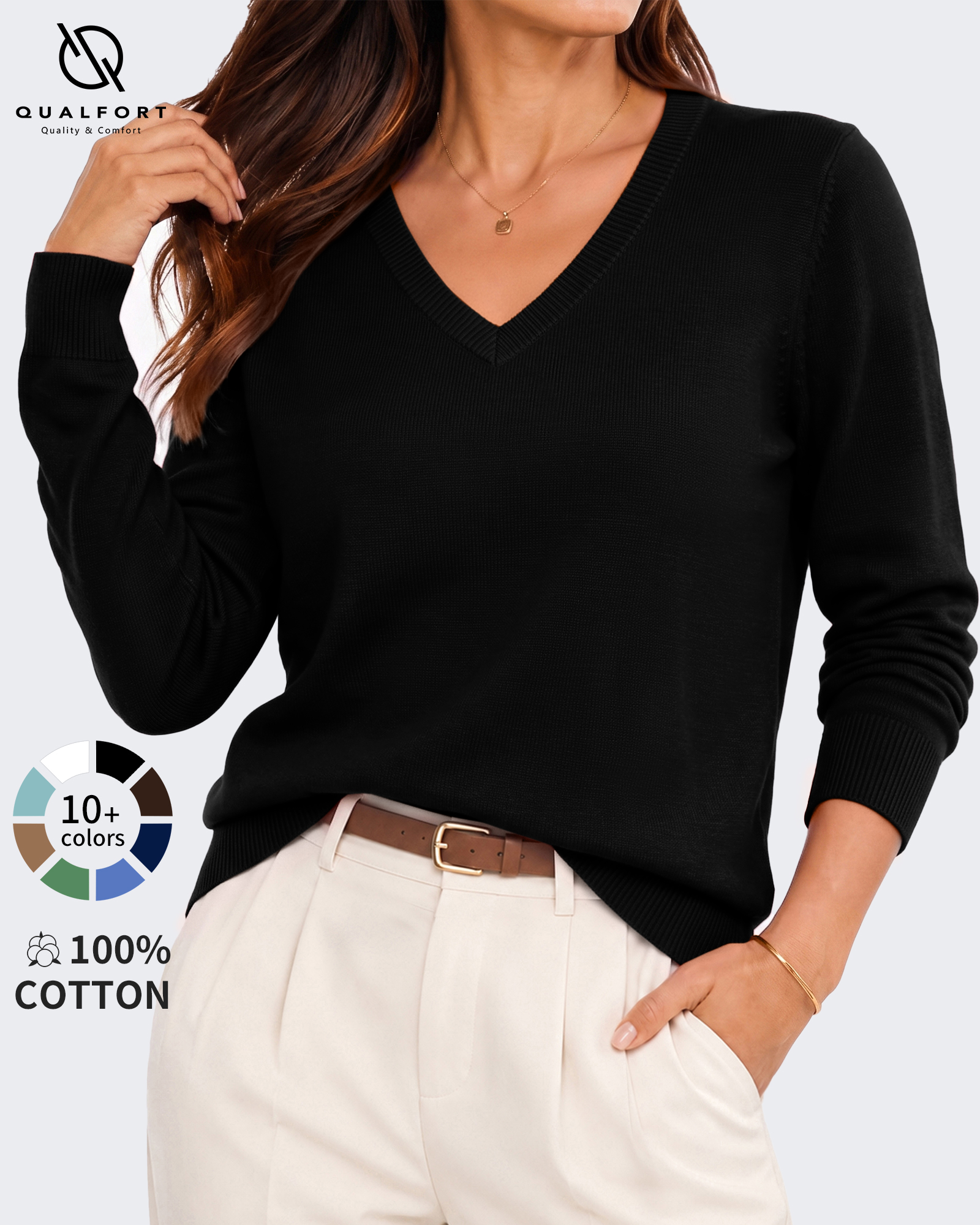 Qualfort Women's 100% Cotton V-Neck Pullover Sweater photo 1