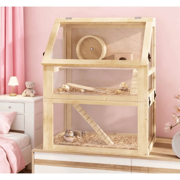 3 Tier Wooden Hamster Cage w/ Detachable Bottom, 24" x 16" x 29.5"