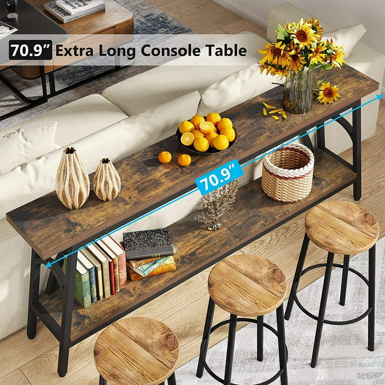 Tribesigns 70.8 Extra Long Console Table Narrow Sofa Tables Entryway Table with 2 Tier Shelves Rustic Brown Black
