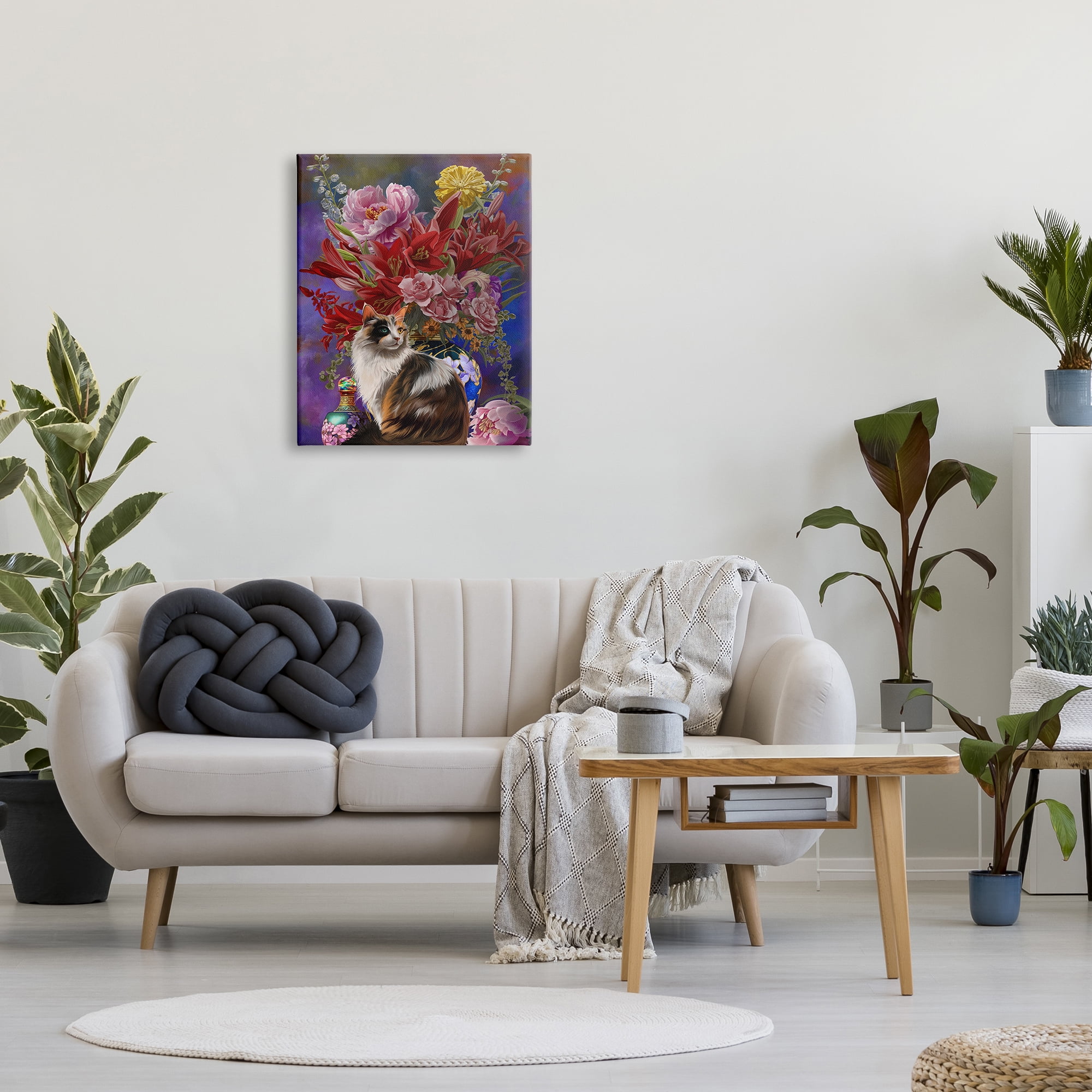 Stupell Industries Cat & Flower Chinoiserie Botanical & Floral Painting Gallery Wrapped Canvas Art Print Wall Art, 24 x 30
