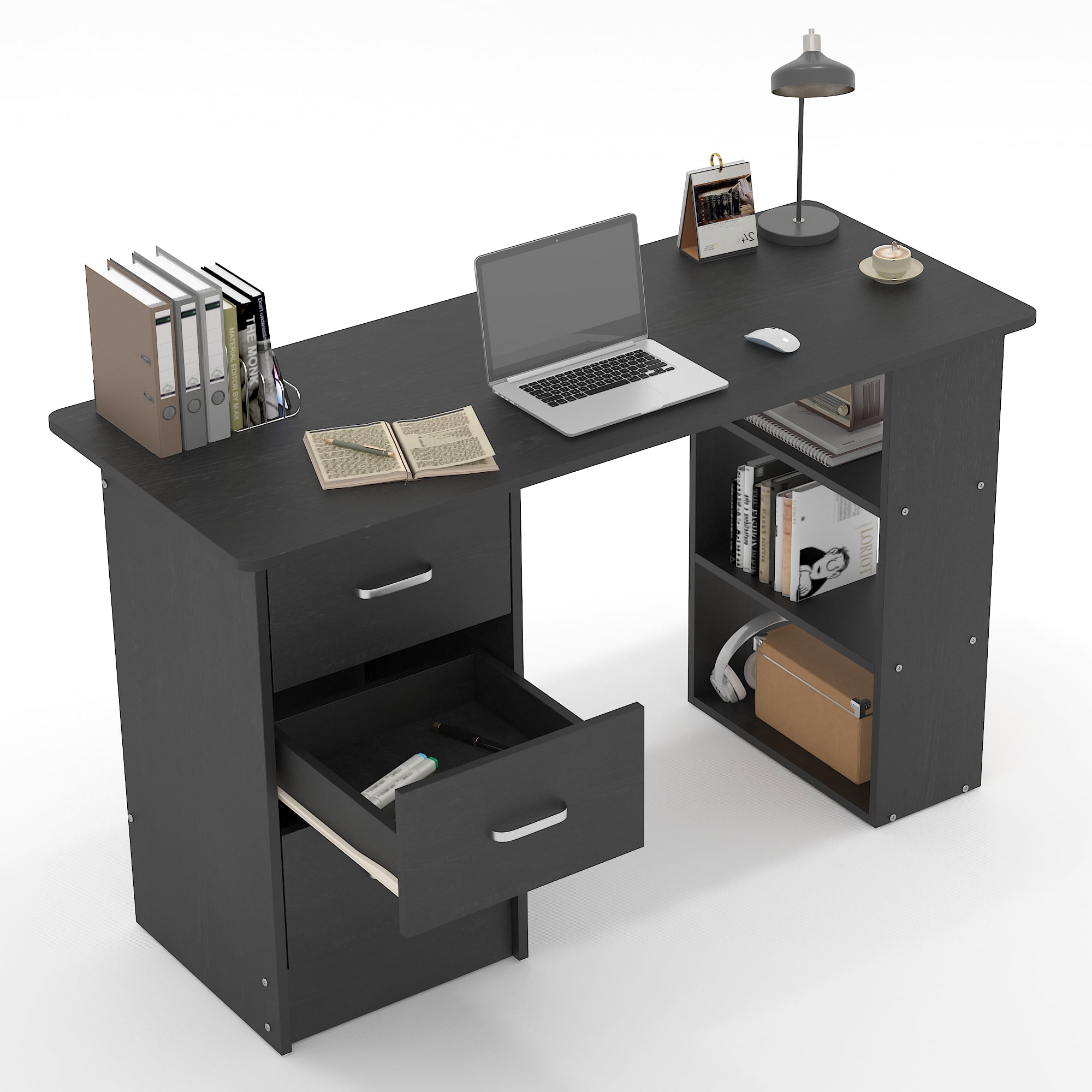 Chnnmbrn Computer Desk With Drawers,Standing Dressing Desk With Storage Racks,Writing Desk for Home Office , Bedroom,Black