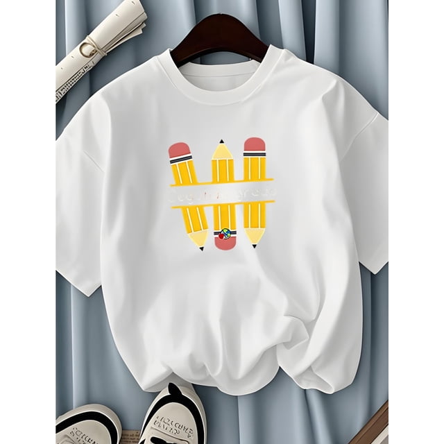 Girls' School-Themed Graphic T-Shirt with Pencil Design - Soft Knit Fabric for everyday & Special occasions - Casual Summer outfit for Kids (easy Care), School event attire, Medium Stretch Materi