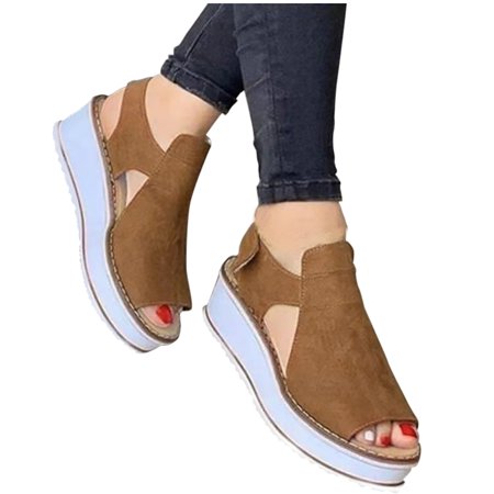

Aayomet Platform Sandals Women s Large Slope Heel Thick Sole Leisure Beach Hook Loop Fish Mouth Foreign Trade Hollow Sandals Brown 8