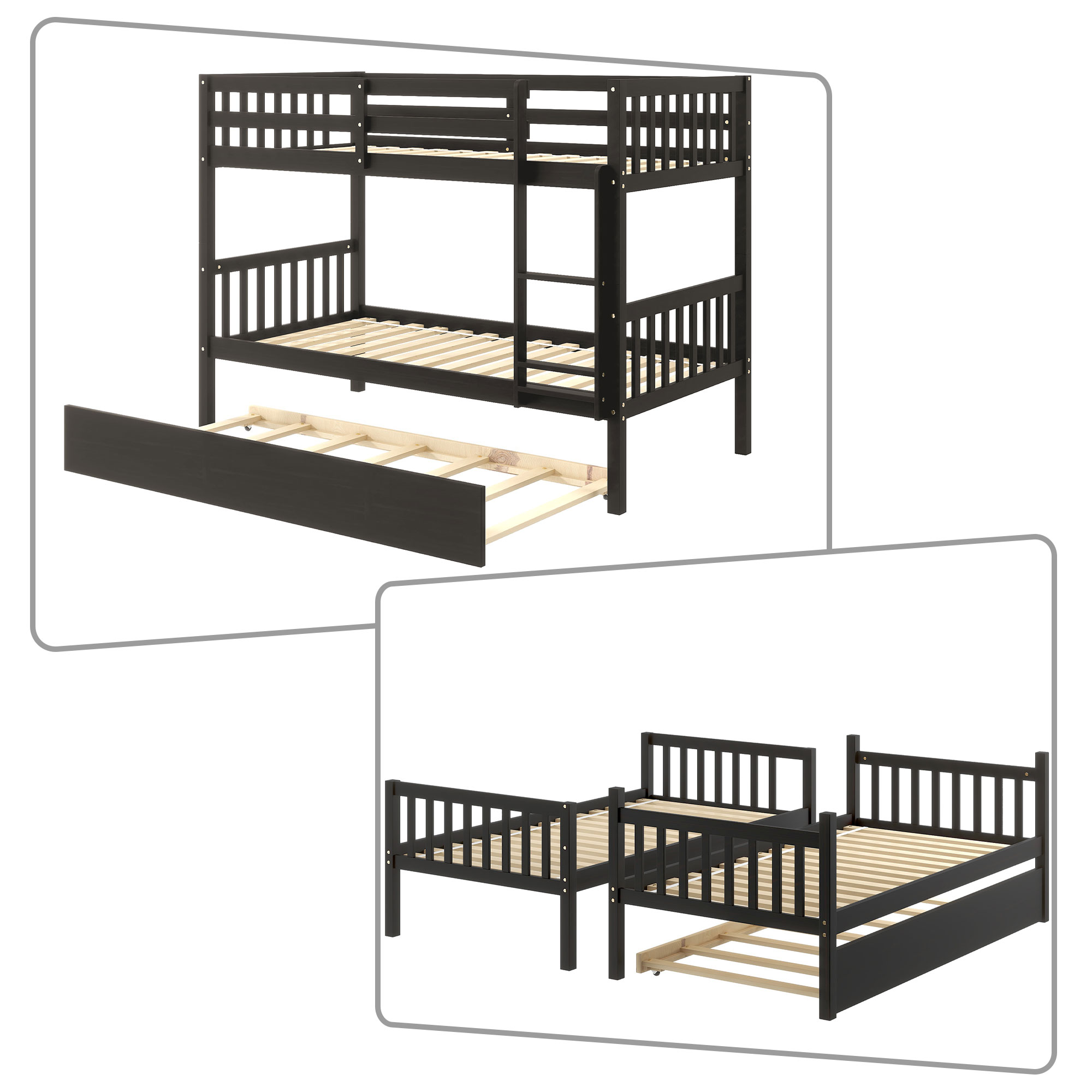 Modern and Minimalist Style Twin Size Wooden Bunk Bed with Ladder and A Trundle, Espresso - image 2 of 5