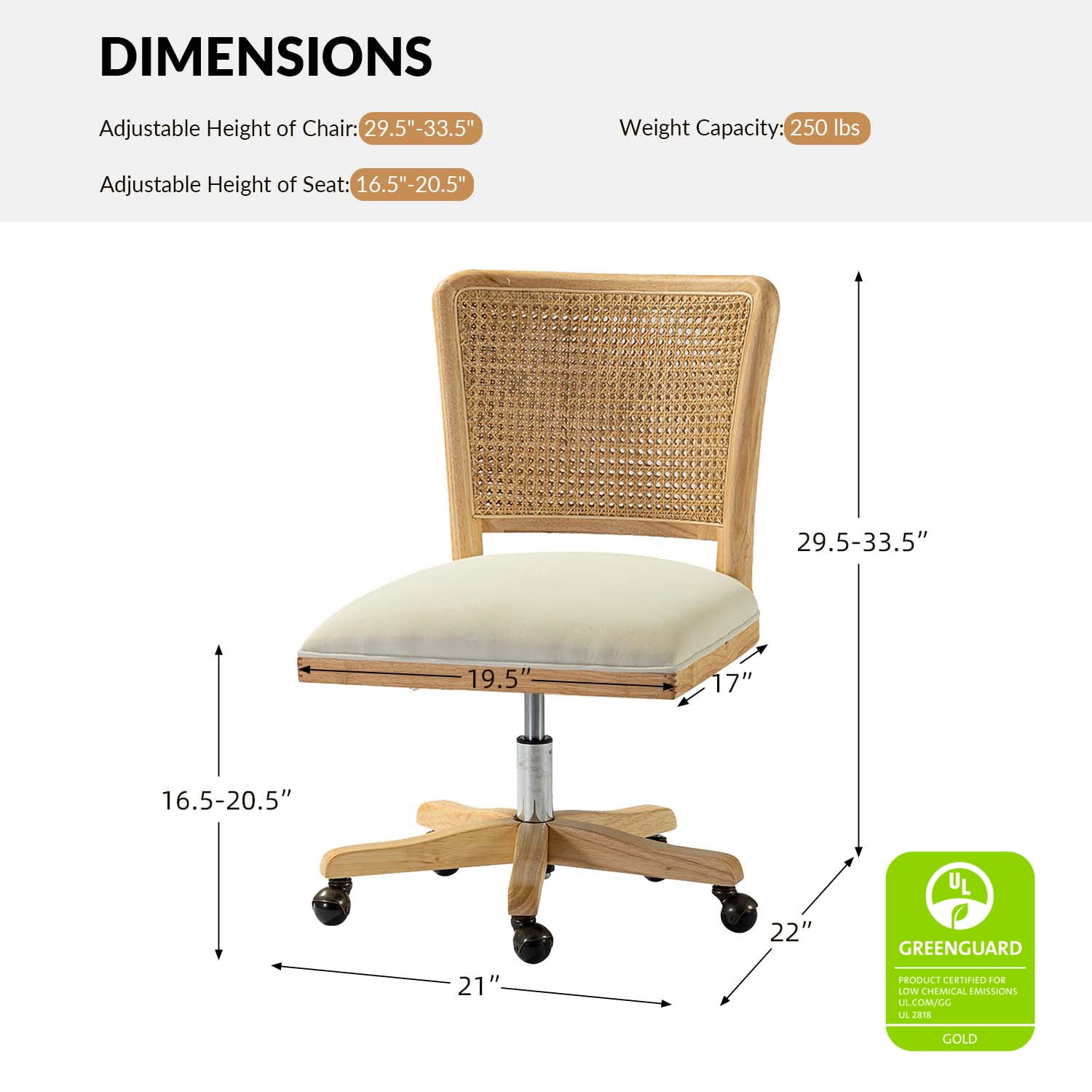 Swivel Office Chair Wooden Rattan Back Adult Task Chair Living Office Room, Beige