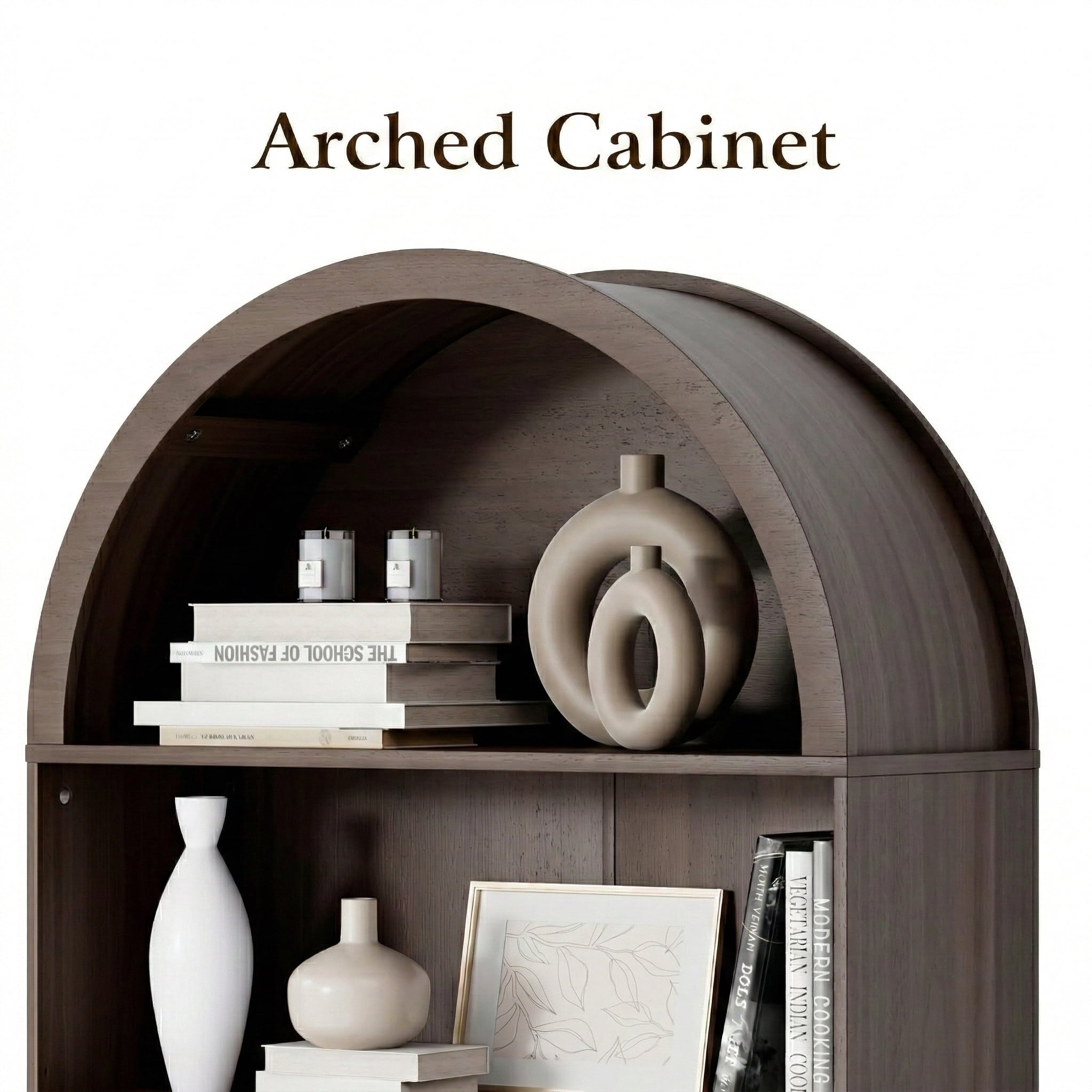 Aisword 71" Tall Arched Bookcases, 5-Tier Modern Farmhouse Bookshelf with Adjustable Shelves & Sliding Doors, Wood Display Storage Cabinet for Living Room, Office, Brown