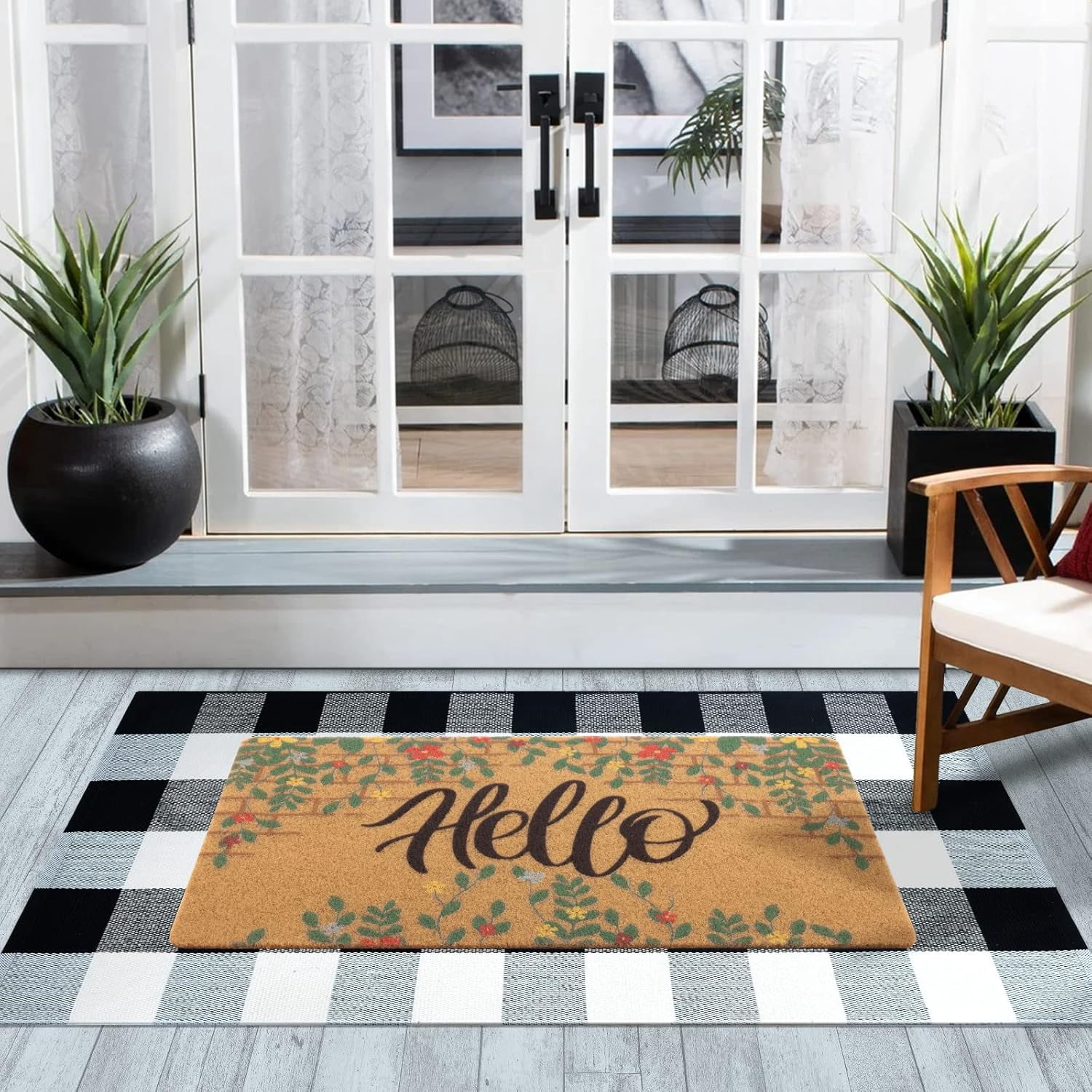 Artificial Coir Doormat with Non-Slip Backing for Indoor and Outdoor 17 x 30 inch Front Door Welcome Mat Spring Summer Seasonal Doormat, Hello Flower Wall