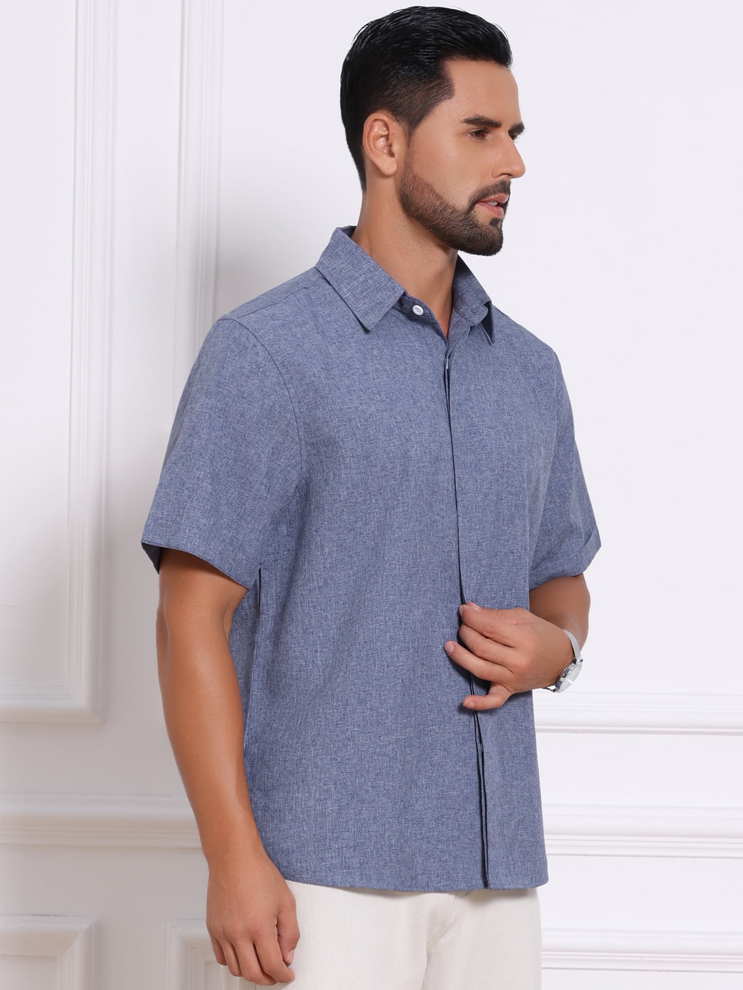DARING DIVA Men's Solid Summer Short Sleeve Button Down Linen Shirts S Denim Blue