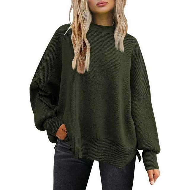 Women'S Oversized Batwing Sweaters 2025 Fall Outfits Trendy Crewneck Knit Side Slit Fashion Pullover Tops Green S
