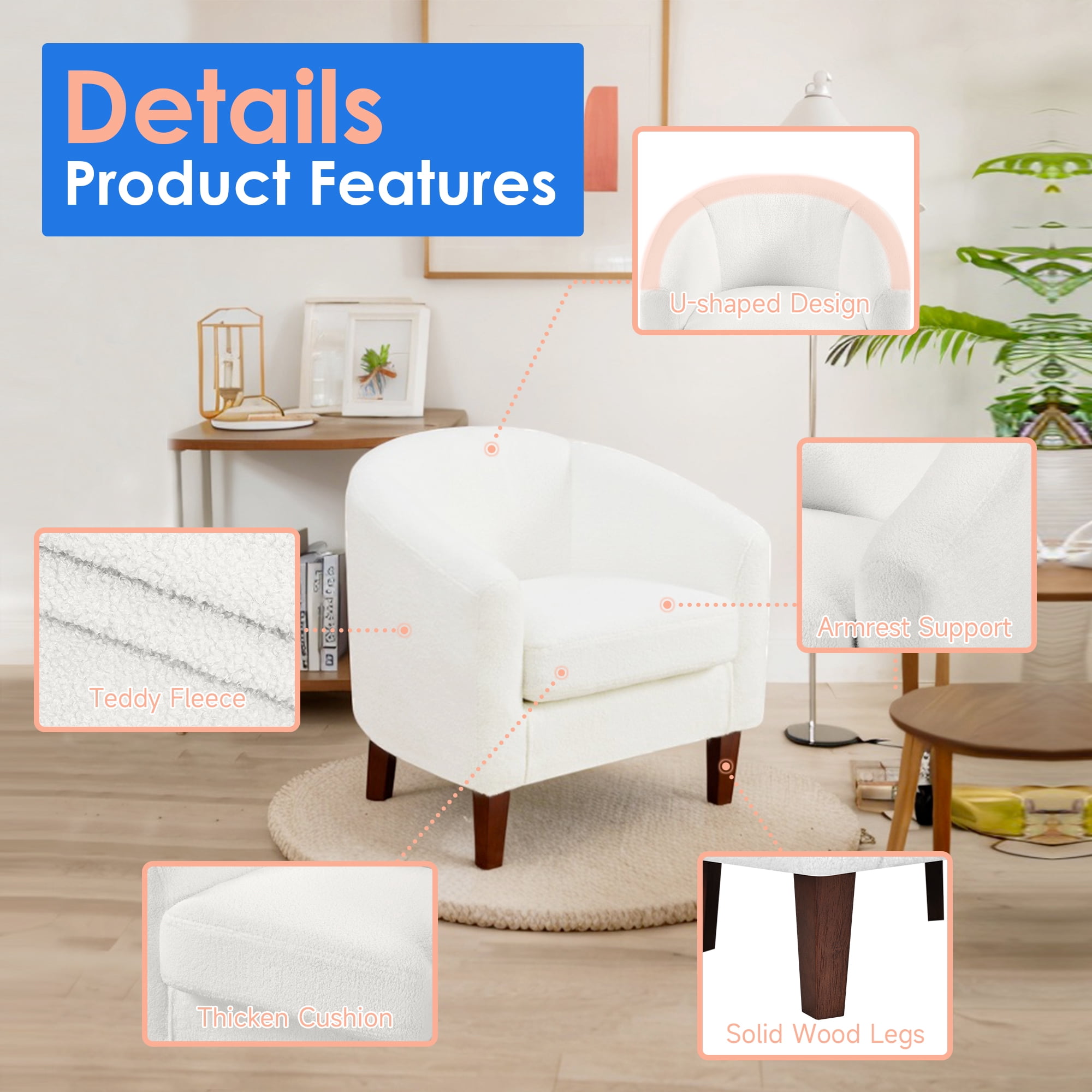 TrumanPick Accent Chair and Cozy Barrel Chair Teddy Velvet Club Chair Comfy Armchair for Living Room,White