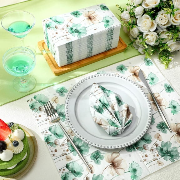 OTGFRF-200 Pcs Bulk Paper Guest Towel Floral Napkin 2 Ply Disposable Boho Vintage Flower Dinner Napkins Green Watercolor Spring Decorative Hand Towel for Bathroom Wedding Holiday Party, 7.9 x 4.3"