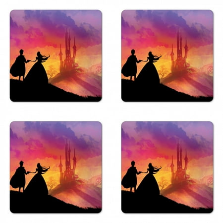 

Fantasy Coaster Set of 4 Silhouette of Prince and Princess Castle House Fairytale Dream Girls Image Square Hardboard Gloss Coasters Standard Size Multicolor by Ambesonne