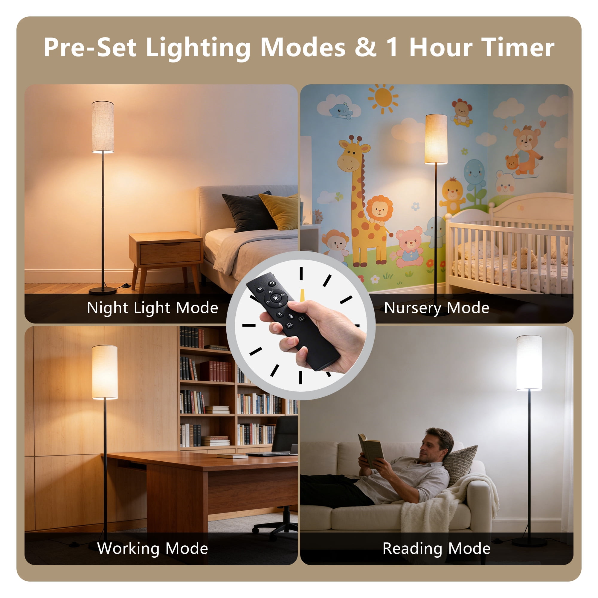 GUPUP Modern Floor Lamp for Living Room, 60" Tall Standing Lamp with Remote Control, 9W LED Bulb Included