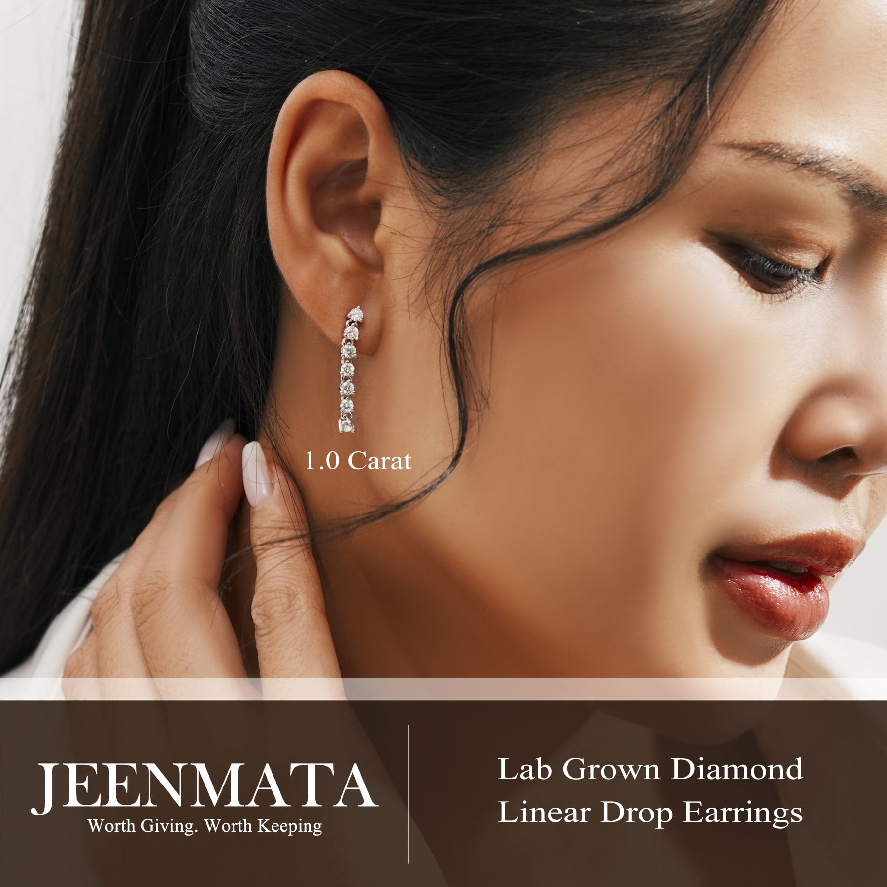 JeenMata 1 Carat Round Cut Lab Grown Diamond Linear Drop Earring - Classic Drop Earrings in 18K White Gold Plating for Women, Gift for Her