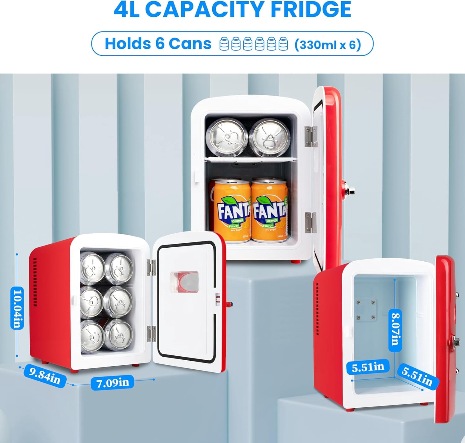 Simple Deluxe 4L/6 Can Mini Fridge with Observation Window, Portable Cooler & Warmer Freon-Free Small Refrigerator, Provide Compact Storage for Skincare, Beverage, for Bedroom, Office, Dorm, Red