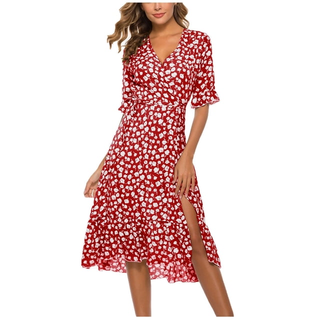 Gibobby Vestido Mujer Casual de Playa Verano Vestido largo de encaje con tiras y estampado de flores con cuello en V sencillo informal de primavera y verano par(Rojo,G)