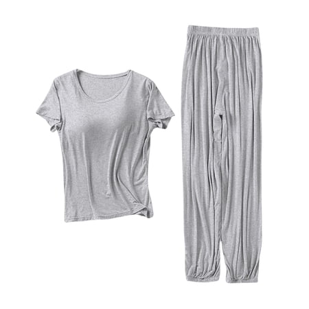 iHPH7 Lightweight Summer Pajamas with Built in Bra Short Sleeve Pajama Set for Women Matching Pajama Set for Women Sleepwear with Built in Bra Gray M