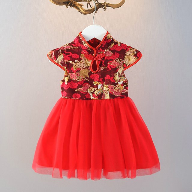 Vestido de niña de otoño, estilo chino para niñas pequeñas y medianas, vestido de año para niñas pequeñas, vestido de princesa Cheongsam con velo de ponte