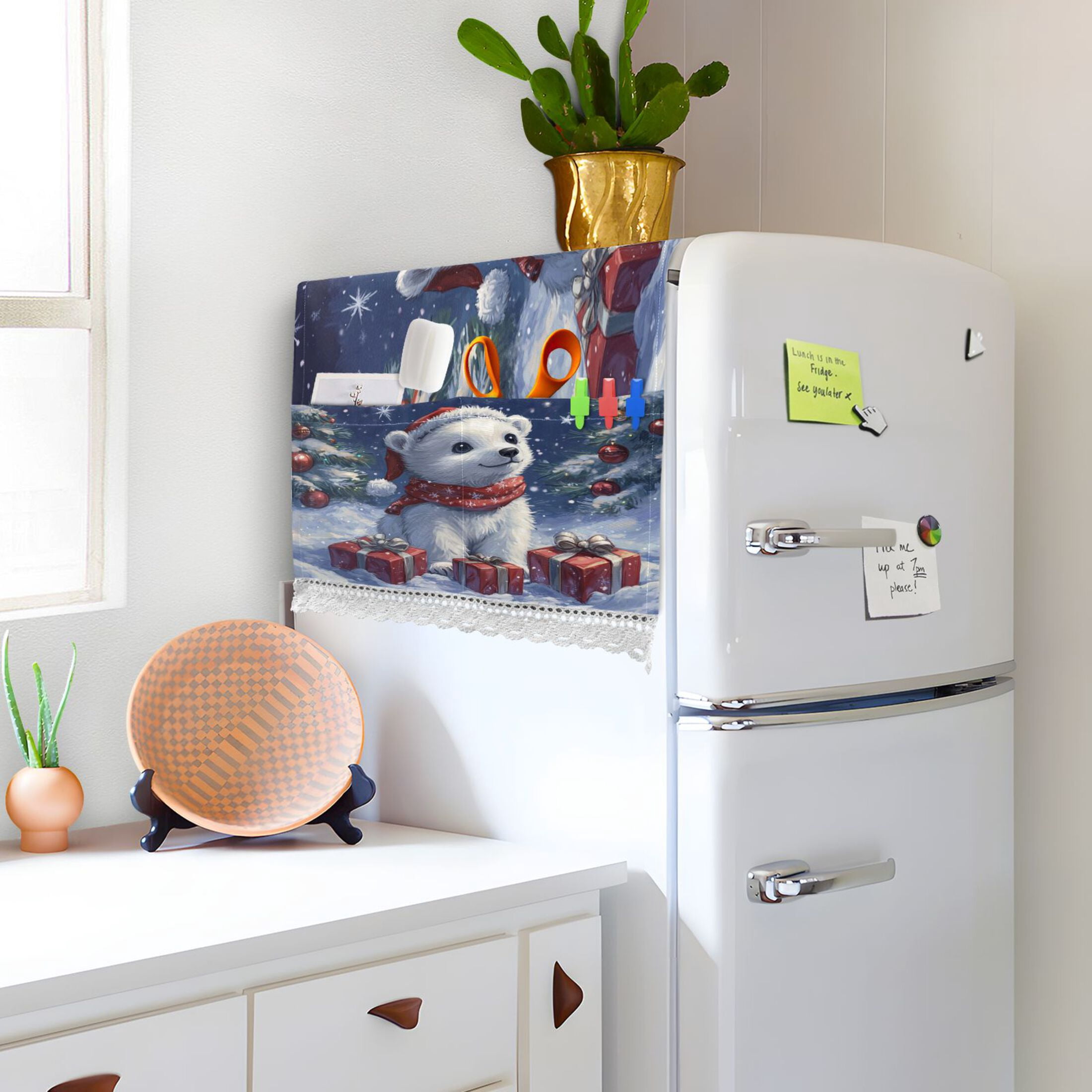 A Cute White Polar BearWasher and Dryer Covers Dust-Proof and Oil Resistant Fridge Cover with 4 Storage Pockets Washing Machine Top Cover for Laundry Kitchen Home 51.2 x 22 In