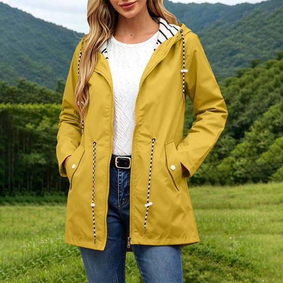 thefmos Women Plus Size Fall Winter Hooded Zip Up Jackets Casual Basic Blazers Coat Outwear Windbreaker Outdoor Raincoat Rain Jacket, Yellow 4XL