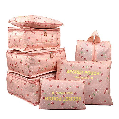 Waliwell 7 in 1 Travel Suitcase Organizer Set with Shoe Bag Pink Space Saving Bags Waterproof Buckets Luggage Organizer Bag for Travel Dirty Clothes