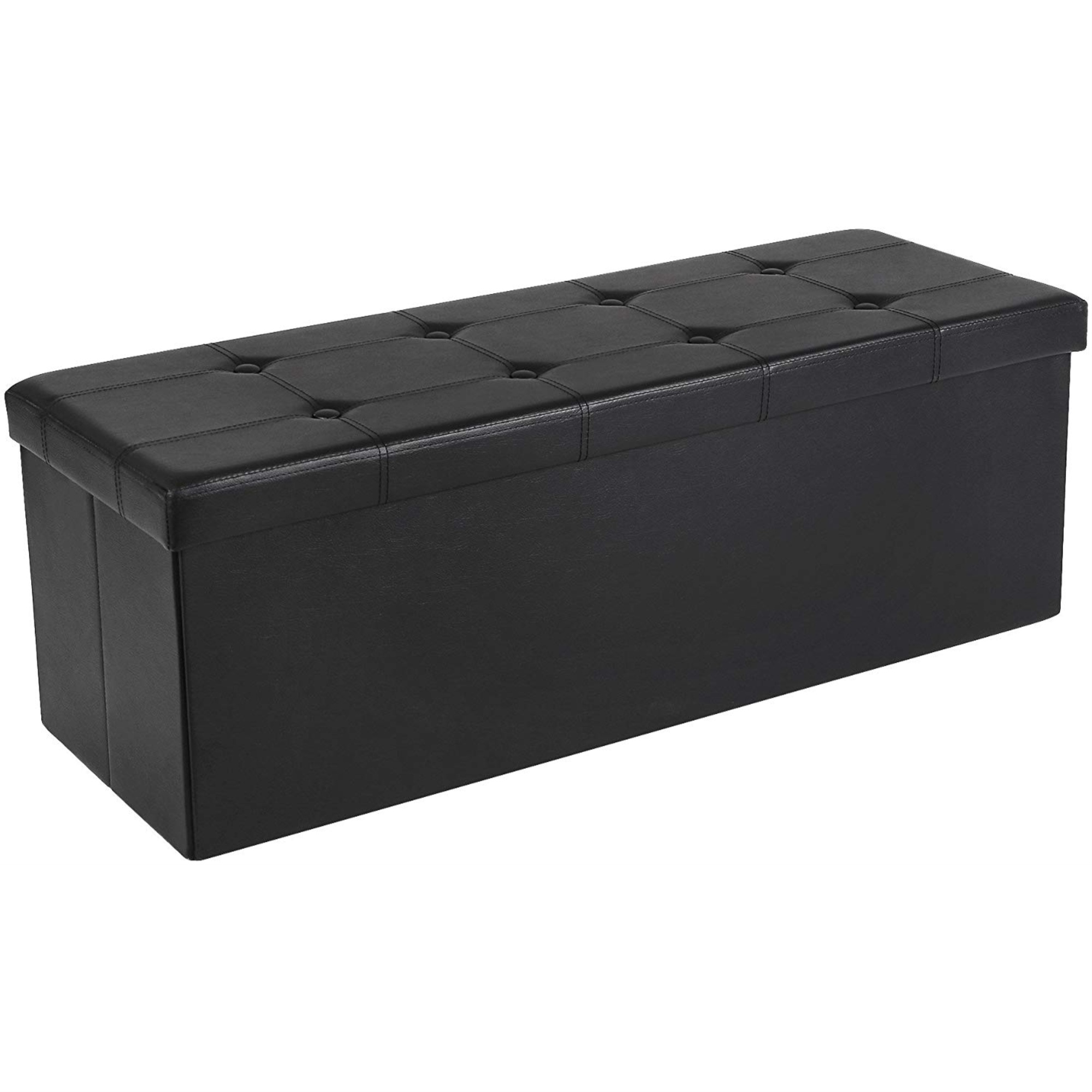 Button Tufted Rectangular Foldable Storage Ottoman Bench, Black