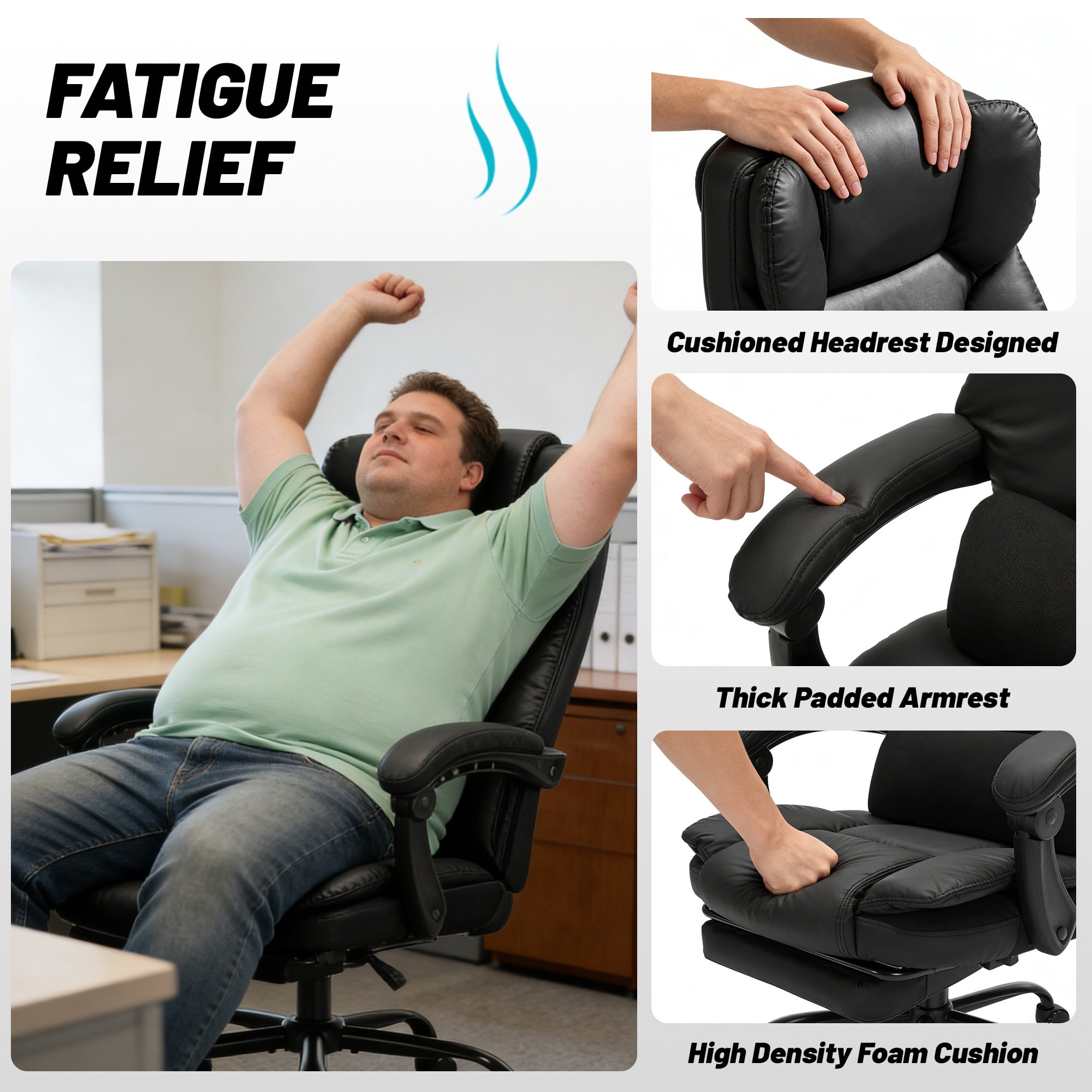 Qusaphy 600lbs Big and Tall PU Leather Executive Office Chair, Reclining Backrest up to 155°, Spring Cushion Seat, Lumbar Support & Adjustable Armrests for Home Office or Conference Room