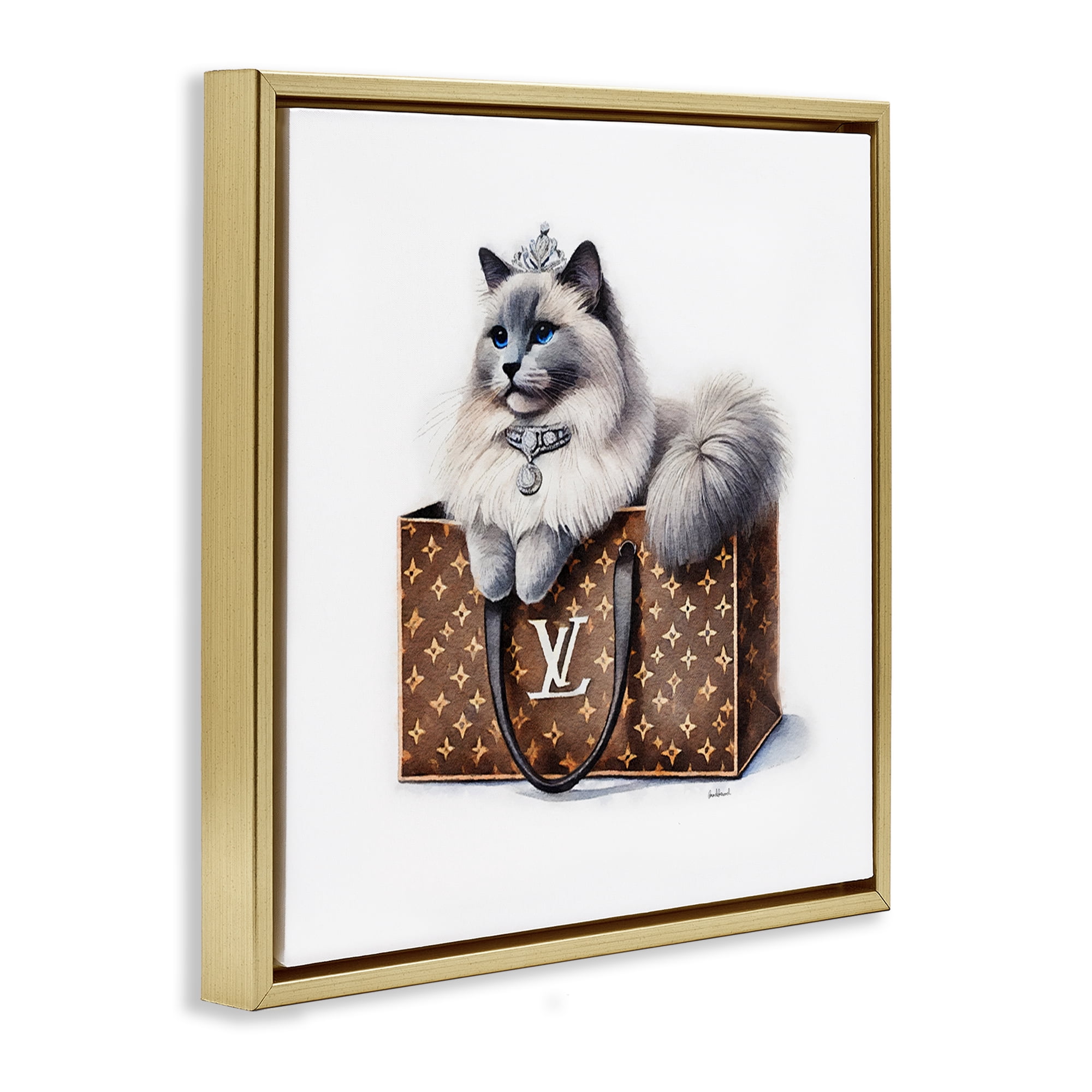 Stupell Industries Cat in Glam Purse Animals Painting Gold Floater Framed Canvas Art Print Wall Art, 18 x 18