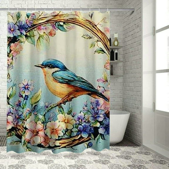 Patifu Bird Flowered Wreath Shower Curtain 100% Polyester with Hooks 36"x72