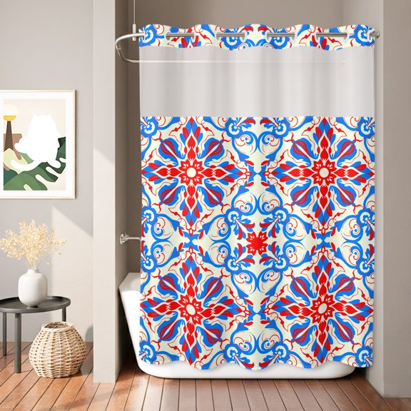 Boho Flower Shower Curtain, Blue Red Floral Abstract Lines Waterproof No Hooks Bath Shower Curtain with See Through Top Window for Bathroom Bathtub 72x84in
