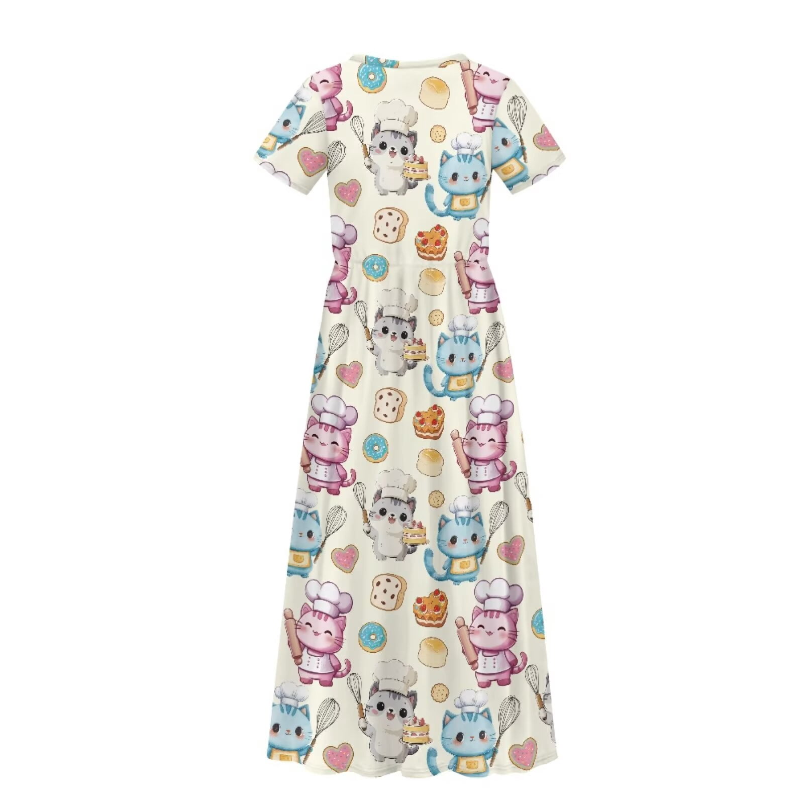 Uourmeti Girl's Short Sleeve Cartoon Cat Cook Print Crew Neck Loose Casual Long Maxi Dress with Pockets Toddler Girls Sundress Clothes, Size 13-14 Years