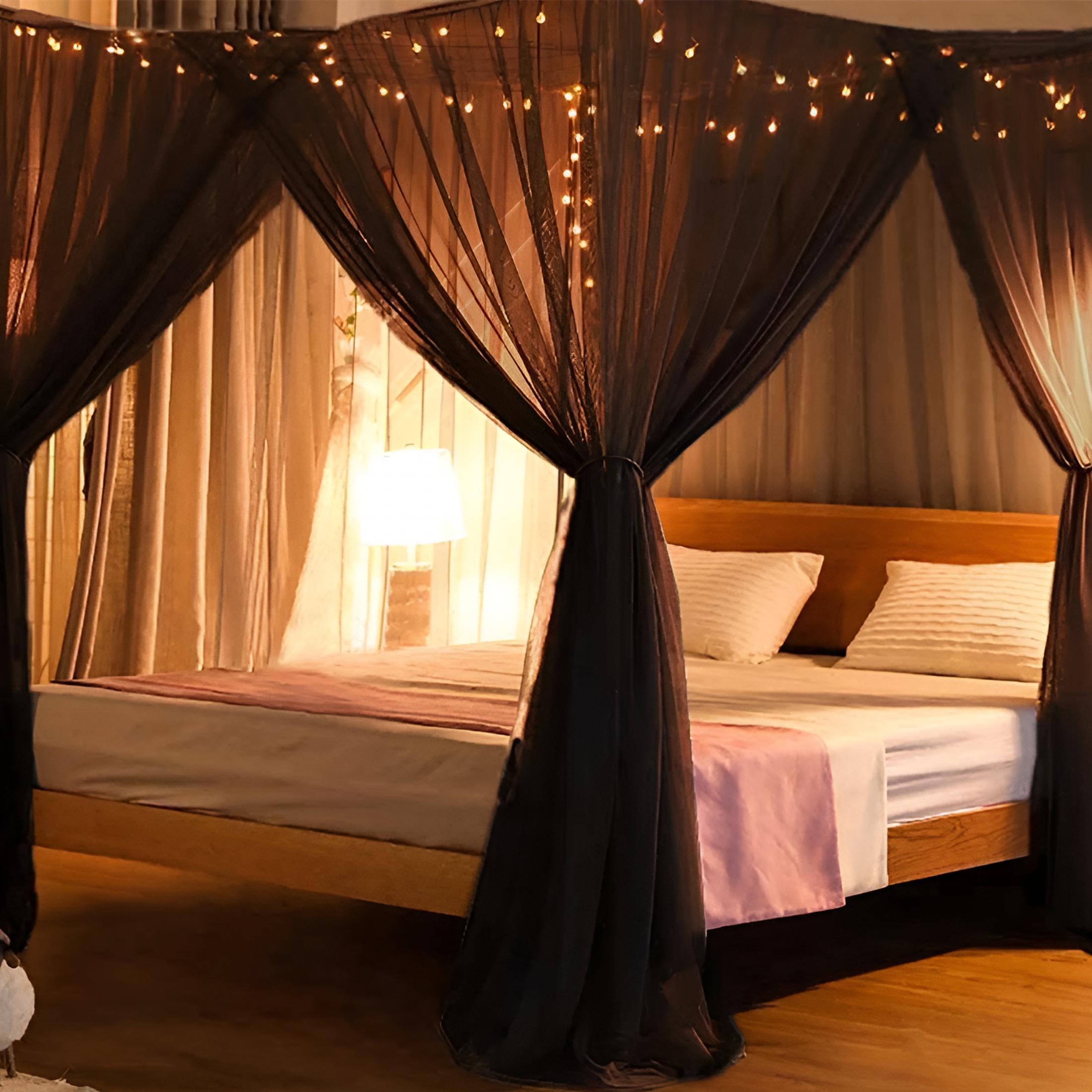 AUQ 4 Corners Post Canopy Bed Curtains - Bed Canopy for Queen Size Bed,Princess Canopy for Girls Bed,Canopy Bed Drapes for Adults,Luxurious Mosquito Net Bedroom Decor,Bed Drape Elegant Mosquito Net