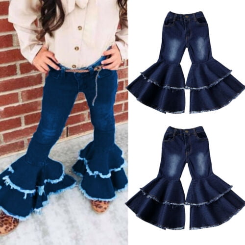 Kids Toddler Baby Girl Denim Bell Bottoms Flared Jeans Double-Layer Ruffle Pants High-Waist Leggings for Spring Fall 