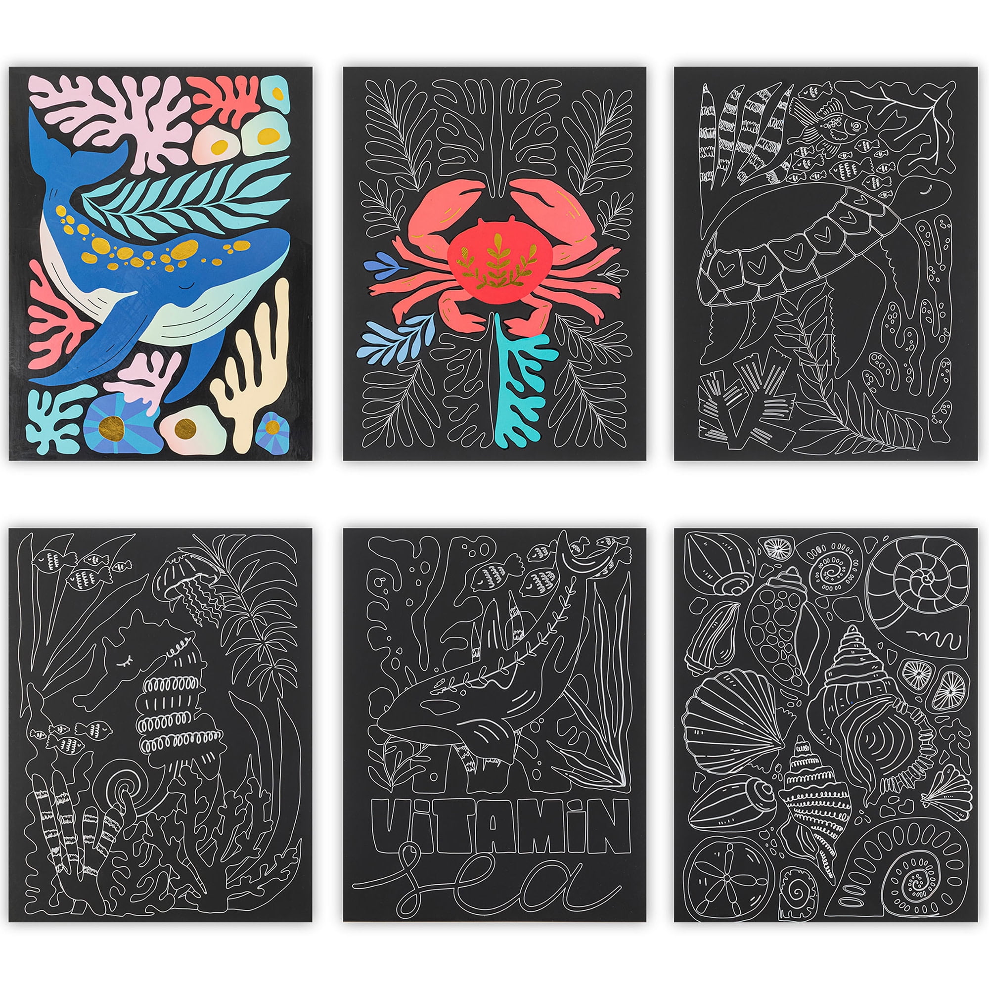 Brea Reese: Scratch Art Paper Pad - Coastal & Oceanic - 6 Designs, Guided Art, Metallic Accents, Dual-Tip Stylus & Brush, 9x12" Pages, Adult Craft