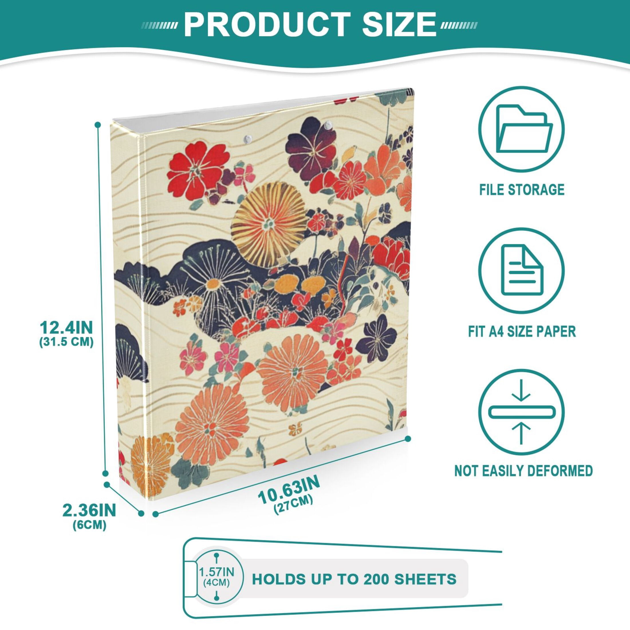 Bohemia Lines Flowers 3 Ring Binders 1.5 inch Hardcover File Folders with Interior Pockets A4 Size Organizer for School Office Hospital