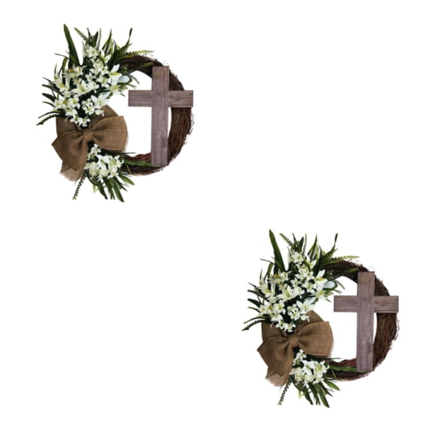 Billuyoard redonda para puerta de Pascua con cruz con arpillera, decoración de puerta delantera para el hogar, rústica Type1