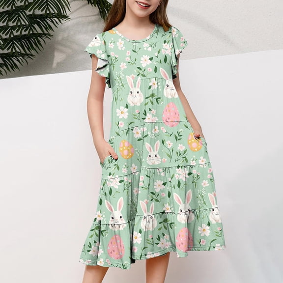Odeerbi 6-15 Years Child Teen Girls Easter A-Line Dress Ruffle Sleeve Bunny Floral Print Tiered Dress Summer Holiday Party Dress