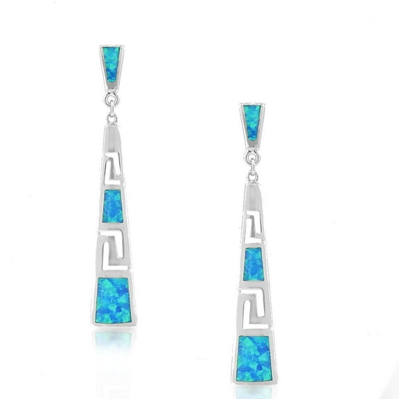 925 Sterling Silver Blue Turquoise-Tone Simulated Opal Greek Key Drop Dangle Earrings
