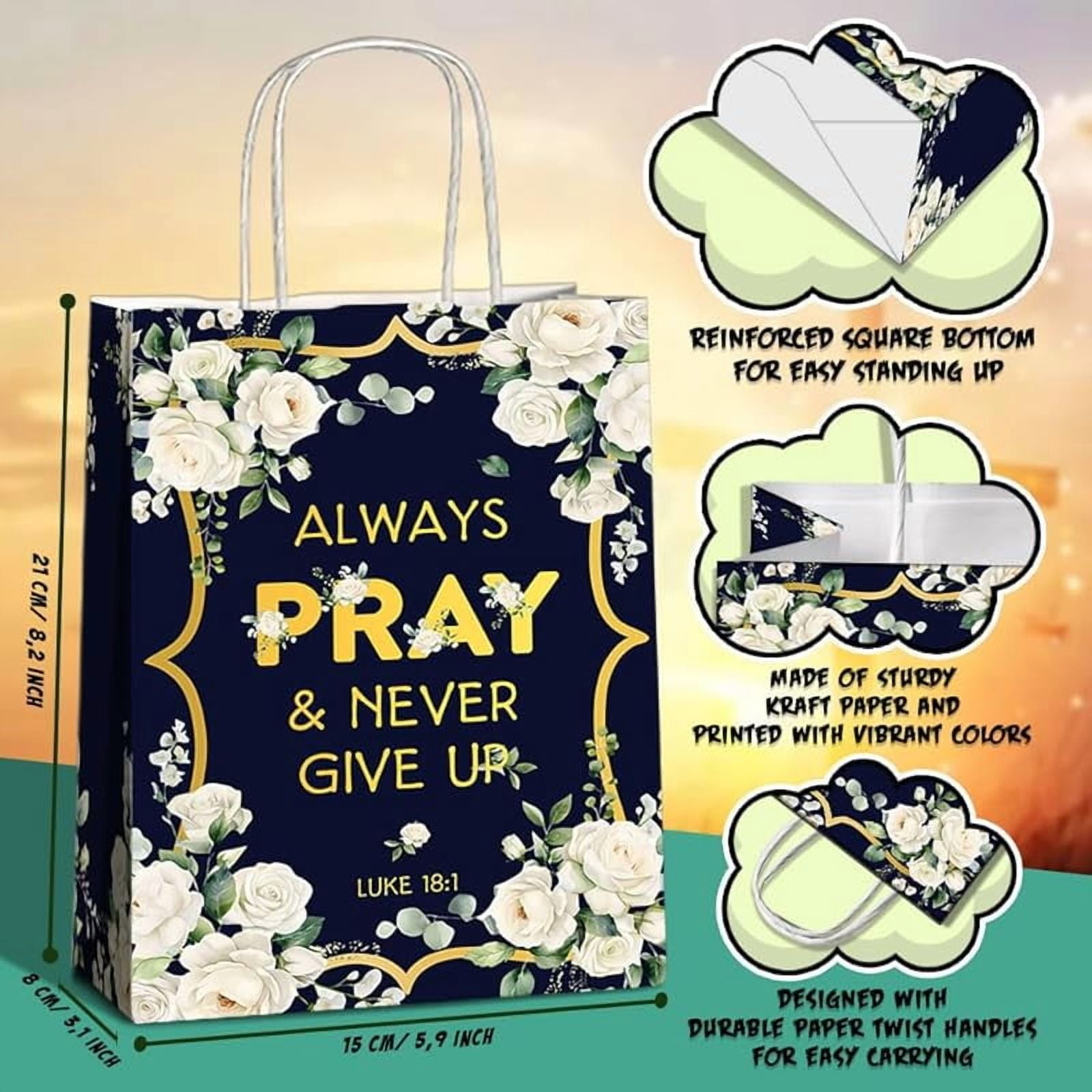 20packs Religious Party Favors Bags with Handles, Inspirational Flower Christian Goodie Gift Kraft Paper Bags with 4 Different Types for Women Girls Birthday Wedding Baptism Easter Day Spring Party