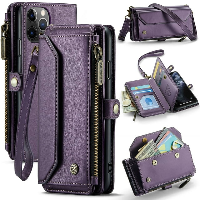Funda tipo cartera para iPhone 11 Pro con bloqueo RFID, tarjetero, cremallera y ranura para billetes, correa de hombro magnética de piel sintética suave para mujer