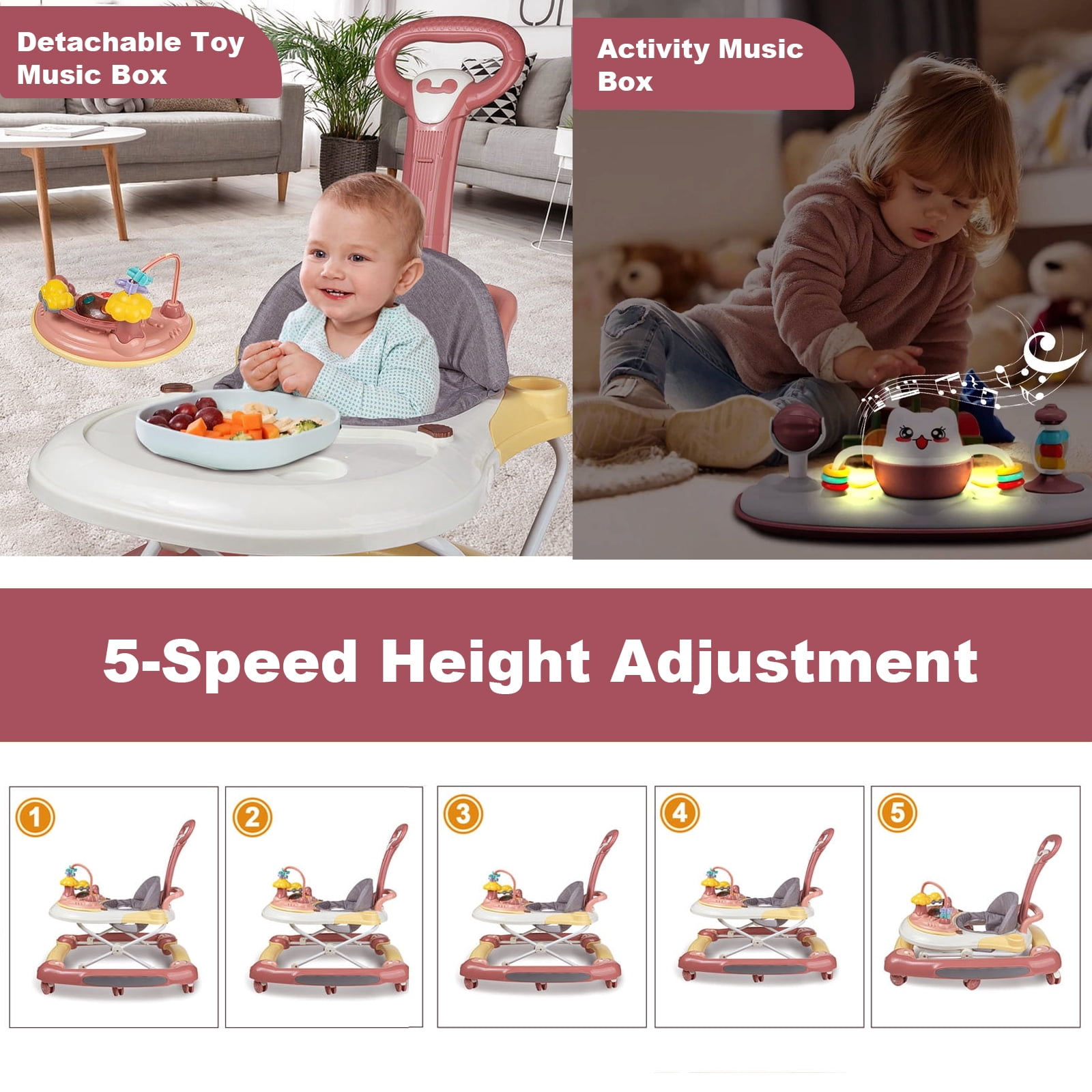 ManyFun baby Walker, 6-in-1 Multi-functional Foldable Push Walker, 6-24 Months, Red