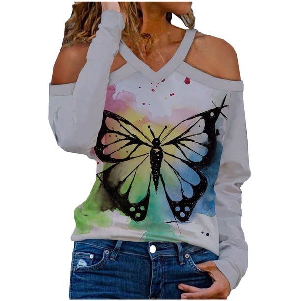 Moda mujer Casual manga larga fuera del hombro Halter cuello en V estampado de mariposa Top blusa Pompotops gfhjh23000