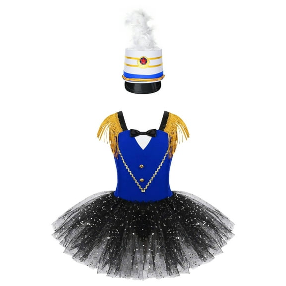 TiaoBug Kids Girls Ringmaster Circus Uniform Halloween Costume Tulle Tutu Dress with Feather Hat Royal Blue 12