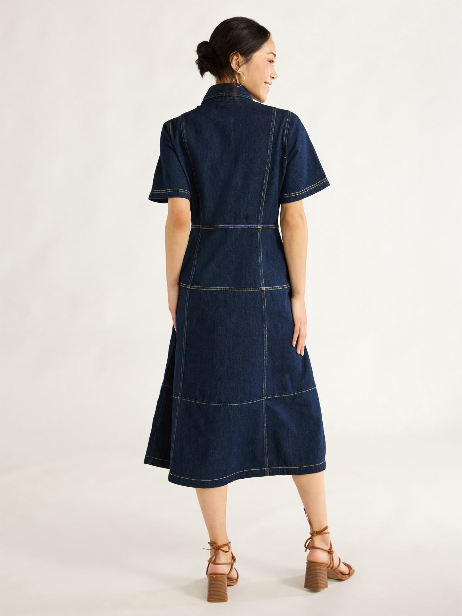 Free Assembly Women's Button Front Cotton Midi Dress with Short Sleeves, XS-XXL