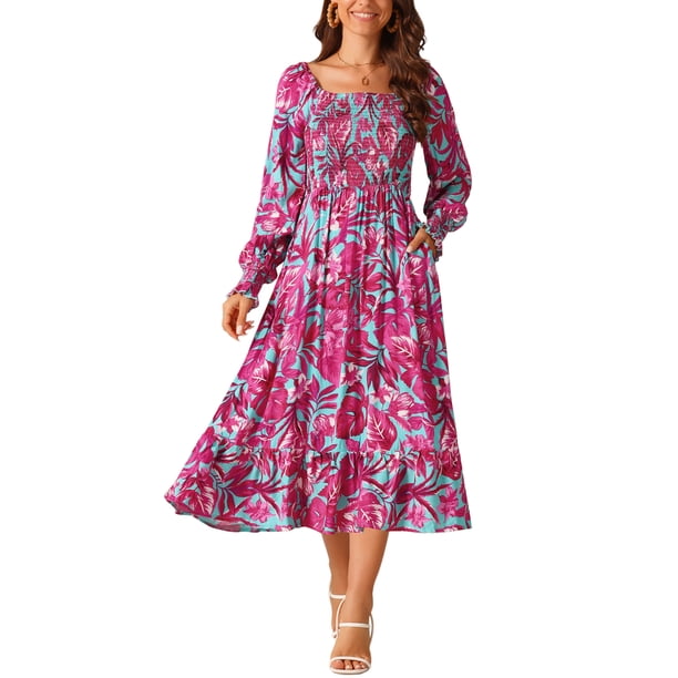INSPIRE CHIC Vestido Midi Floreado de Manga Larga con Cuello Cuadrado, con Volantes y Bolsillos en Color Rosa Fucsia