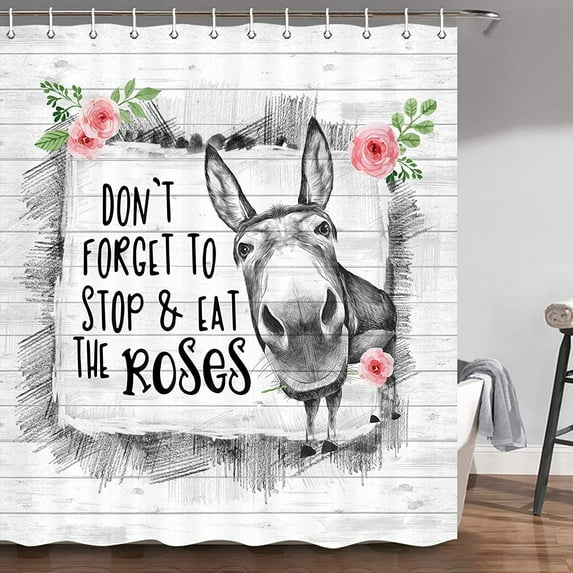 SPXUBZ Funny Animal Donkey Shower Curtain with Funny Words Watercolor Rose Farm Animal on Rustic Wood Bathroom Shower Curtain Sets with12 Hooks 72X72 inches