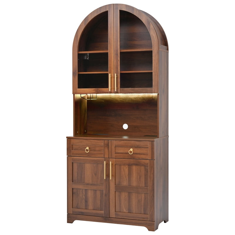 Arched Kitchen Pantry Cabinet with LED Light & Charging Station, Farmhouse Storage Hutch with 2 Drawers, Adjustable Shelves, Glass Doors, Coffee Bar Cabinet for Kitchen, Dining Room