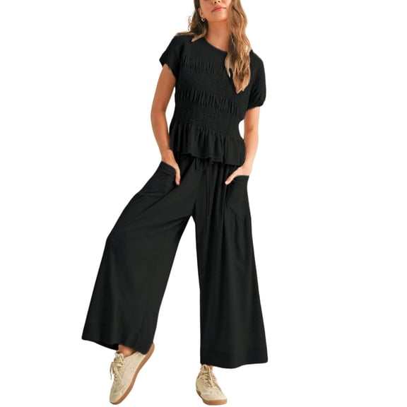 PUWEI Women's 2 Piece Smocked Top & High Waisted Wide Leg Pants Set Boho Matching Set Lounge Outfit with Pockets