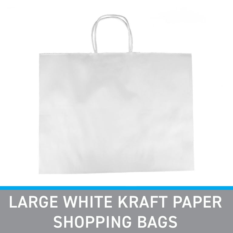 Large White Kraft Paper Shopping Bags With Handles Case of 100