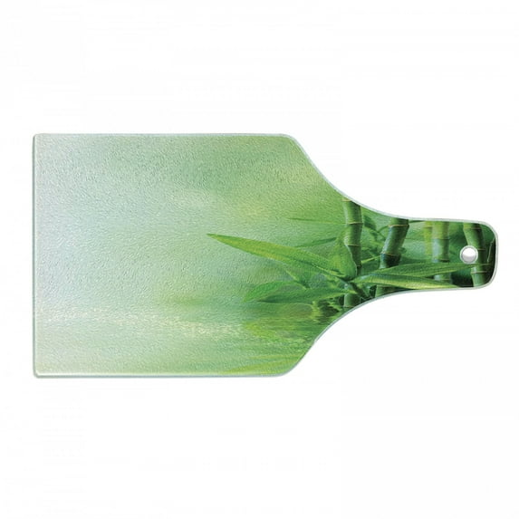 East Cutting Board, Bamboo Stalks Reflection on Water Blurs Freshness Japanese Nature Spa, Decorative Tempered Glass Cutting and Serving Board, Wine Bottle Shape, Green Pale Yellow, by Ambesonne